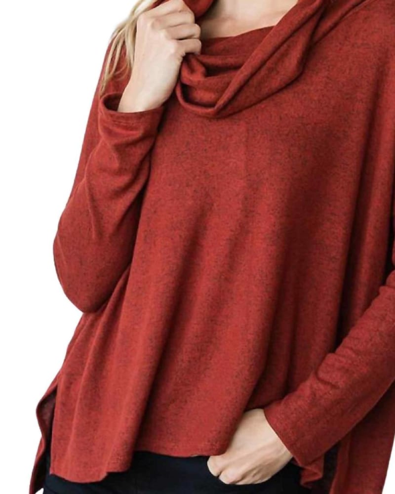 Front of a model wearing a size 2XL Cowl Neck Sweater in Rust in Rust by CY Fashion. | dia_product_style_image_id:336768